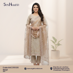 Beige 3 piece dress made from premium Afghani silk, breathable fabric, modest and timeless design perfect for festive occasions, office wear, and daily use.