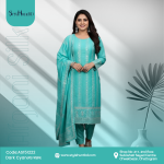 Dark cyan 3 piece dress made from smooth cotton, clean and modest design, perfect for festive occasions, office wear, and daily use.