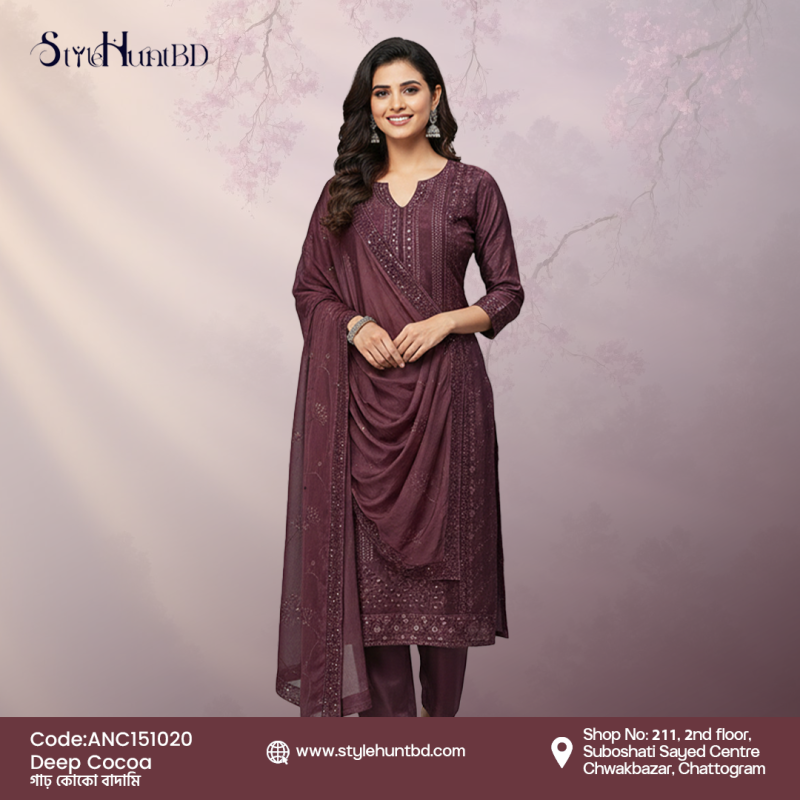 Warm deep cocoa 3 piece dress made from soft Afghani silk, breathable fabric, modest design perfect for festive occasions, office wear, and daily use.