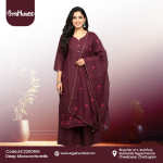 Deep maroon 3 piece dress made from breathable cotton fabric, modest and elegant design, perfect for office, festive occasions, and daily wear.