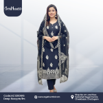 Soft and elegant deep navy 3-piece dress made of breathable cotton fabric, modest and stylish design for office, festive and daily wear