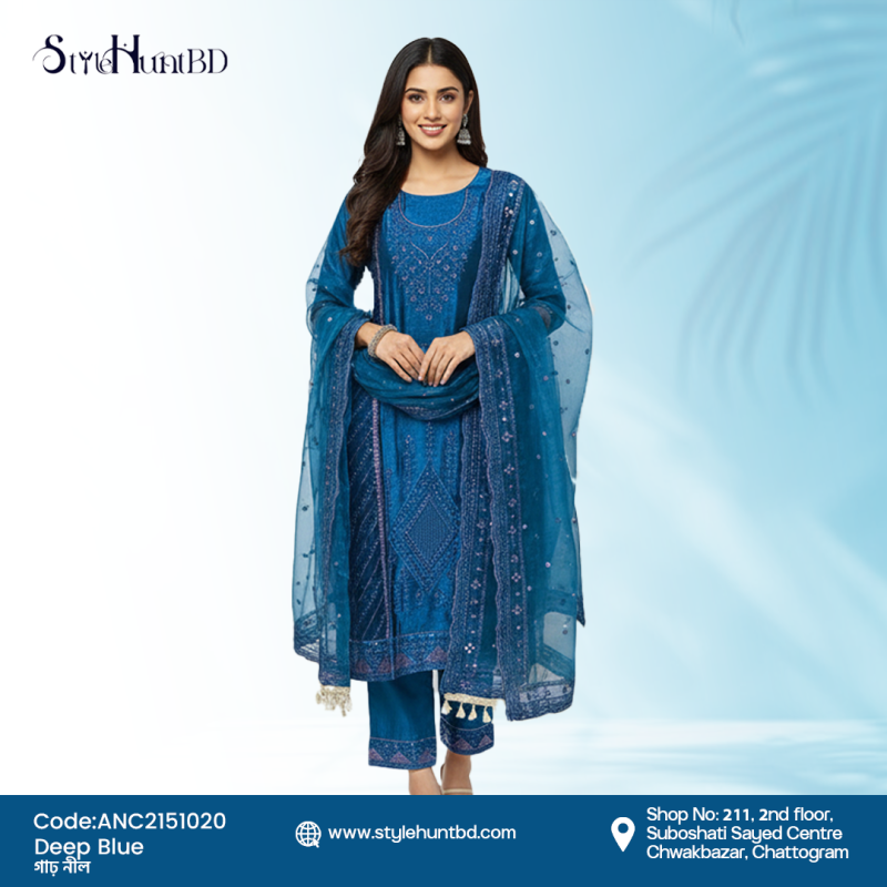 Classic deep blue 3 piece dress made from premium Afghani silk, soft and breathable fabric, modest and refined design perfect for festive occasions, office wear, and daily use.