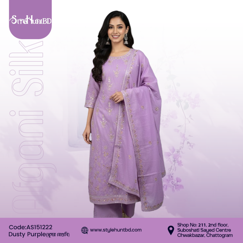 Dusty purple 3 piece dress made from smooth cotton, calm and refined design, perfect for festive occasions, office wear, and daily use.