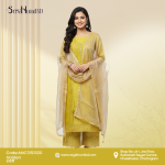 Luxurious golden 3 piece dress made from smooth Afghani silk, breathable and soft fabric, elegant and modest design perfect for festive occasions, office wear, and daily use.