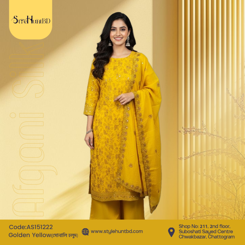 Soft golden yellow 3 piece dress made from smooth cotton, clean and simple design, perfect for festive occasions, office wear, and daily use.