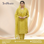 Bright golden yellow 3 piece dress made from premium Afghani silk, breathable and soft fabric, modest design perfect for festive occasions, office wear, and daily use.