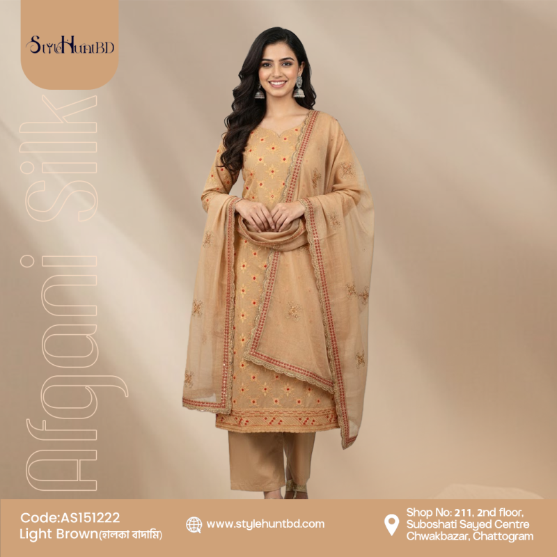 Light brown 3 piece dress made from soft cotton, calm and simple design, perfect for office wear, festive occasions, and daily use.