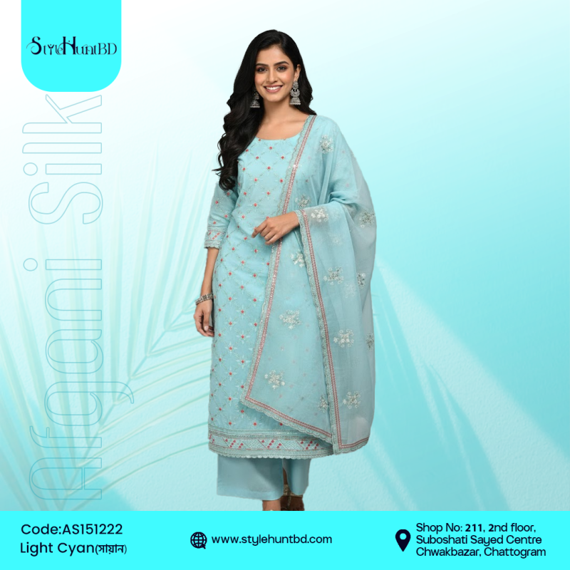 Light cyan 3 piece dress made from smooth cotton, breathable and soft fabric, modest design, perfect for festive occasions, office wear, and daily use.