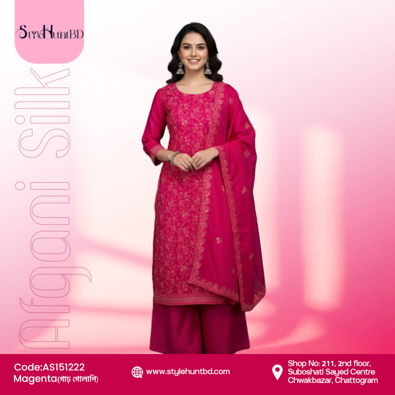 Vibrant magenta 3 piece dress made from soft cotton, breathable and comfortable, simple design perfect for festive occasions, office wear, and daily use