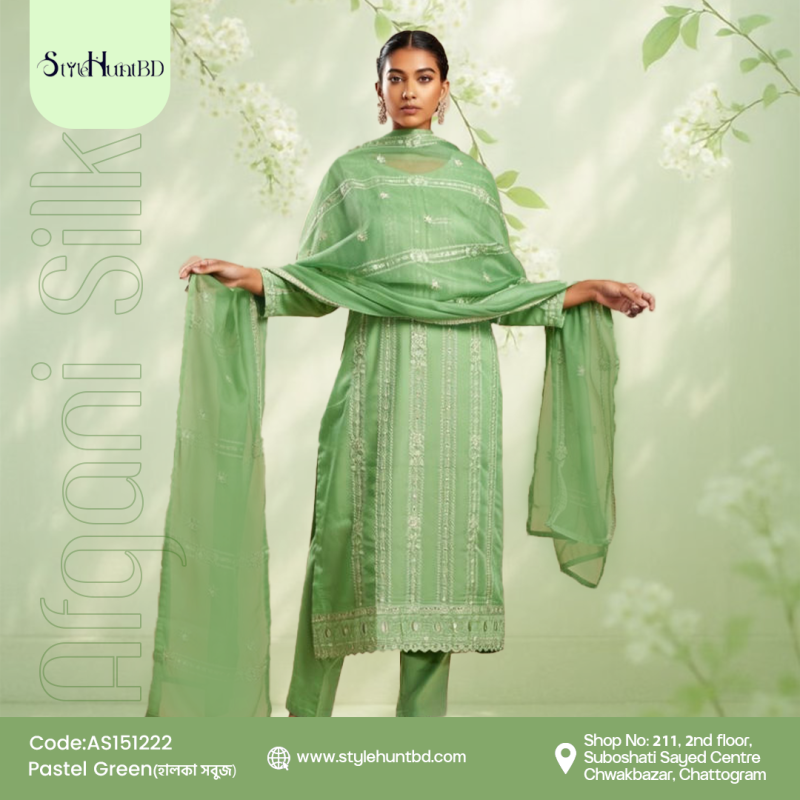 Soft pastel green 3 piece dress made from premium cotton, breathable and comfortable, modest design perfect for festive occasions, office wear, and daily use.