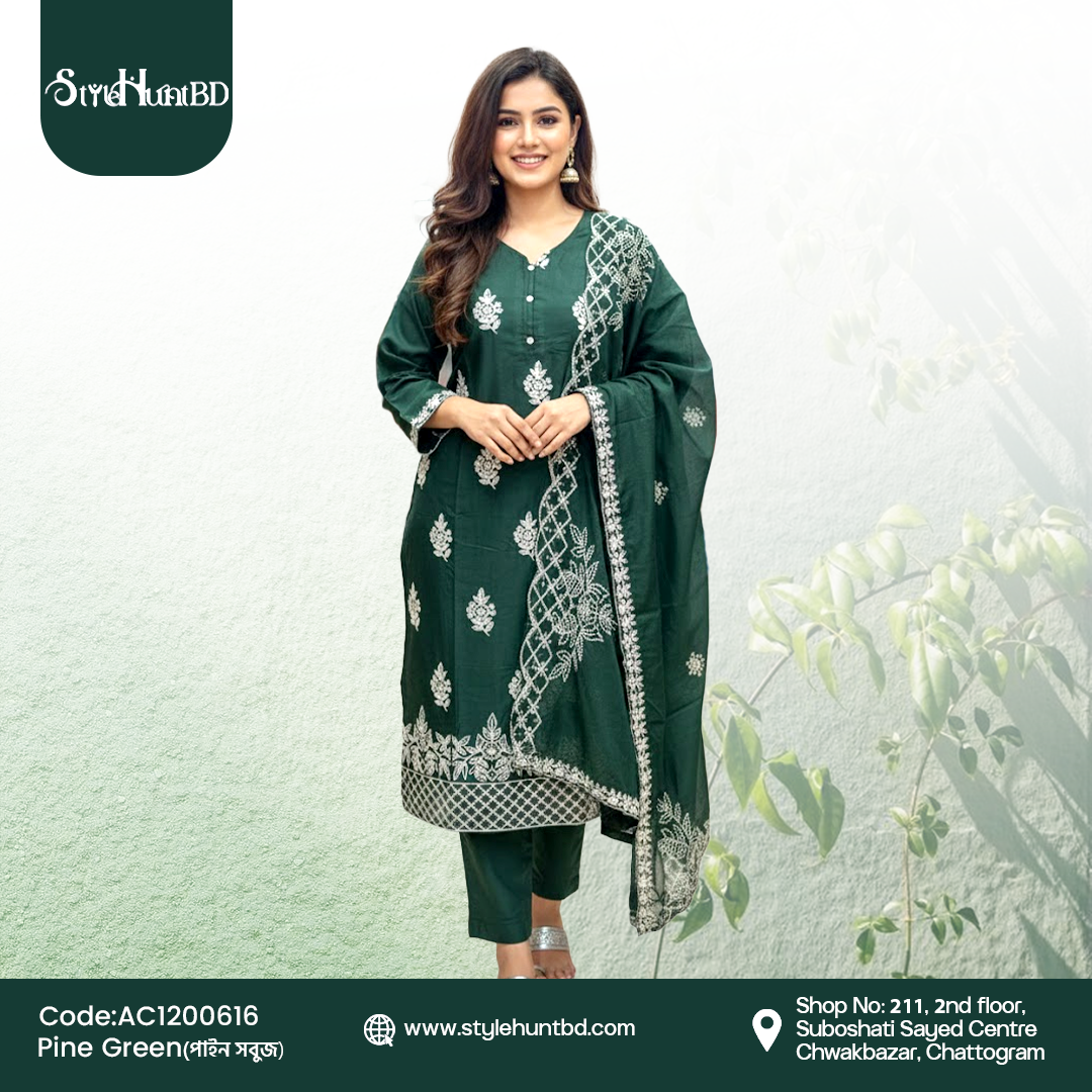 Pine Green Pine green 3 piece dress made from breathable cotton fabric, modest and stylish design, perfect for office, festive occasions, and daily wear.