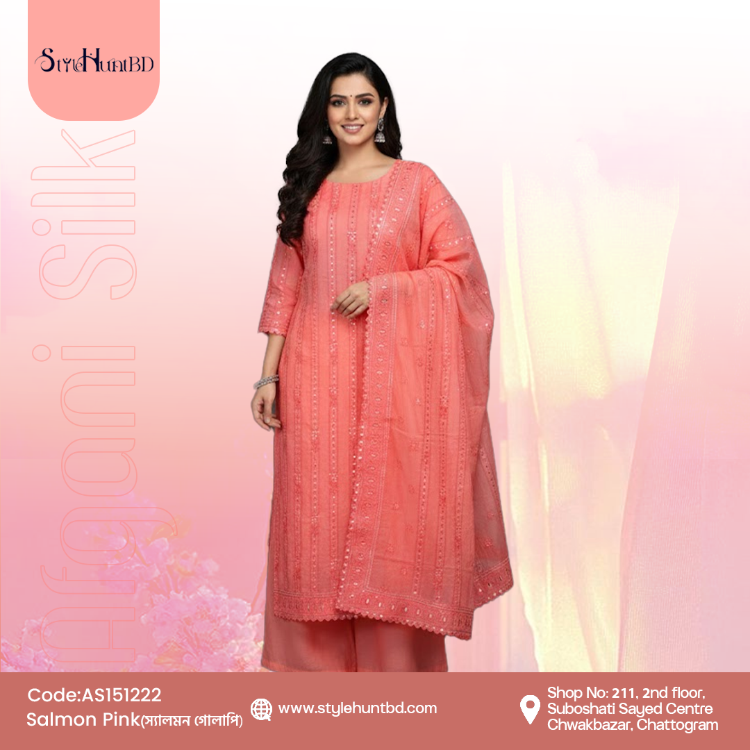 Salmon Pink Soft salmon pink 3 piece dress made from premium cotton, lightweight and breathable fabric, modest design perfect for festive occasions, office wear, and daily use