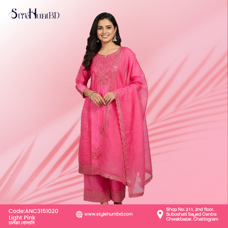 Soft light pink 3 piece dress made from premium Afghani silk, breathable fabric, subtle color and modest design perfect for festive occasions, office wear, and daily use