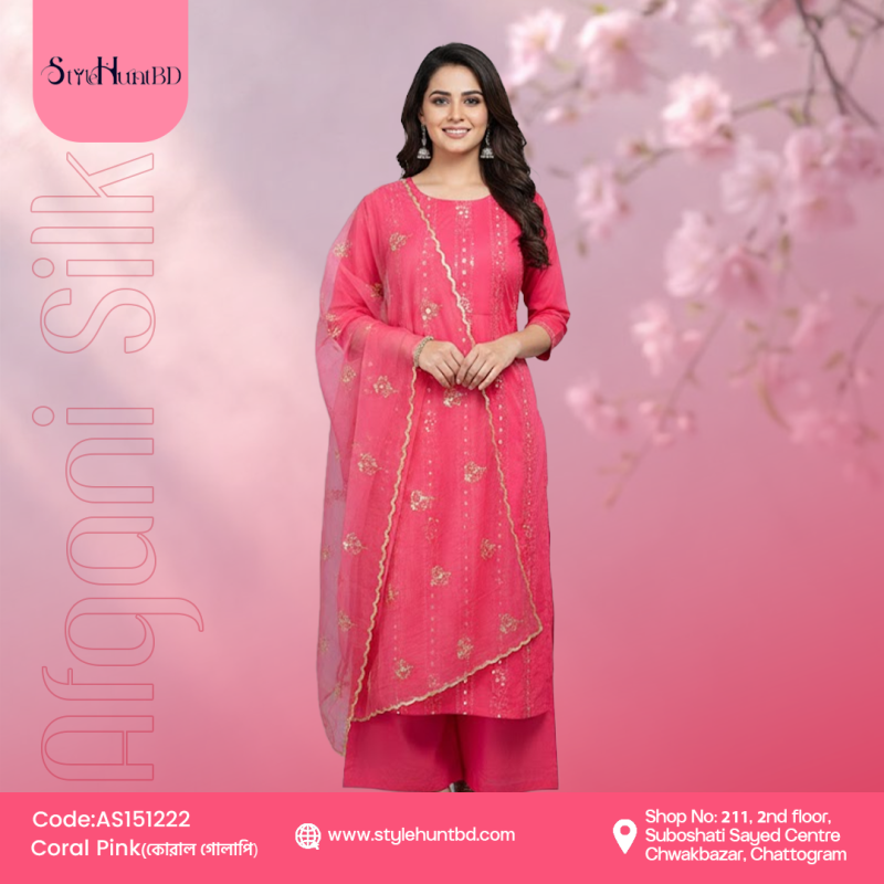 Charming coral pink 3 piece dress made from premium cotton, soft and breathable fabric, modest design perfect for festive occasions, office wear, and daily use.