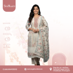 Creamy White and Peach Floral cotton 3 piece dress with a soft floral pattern and modest design