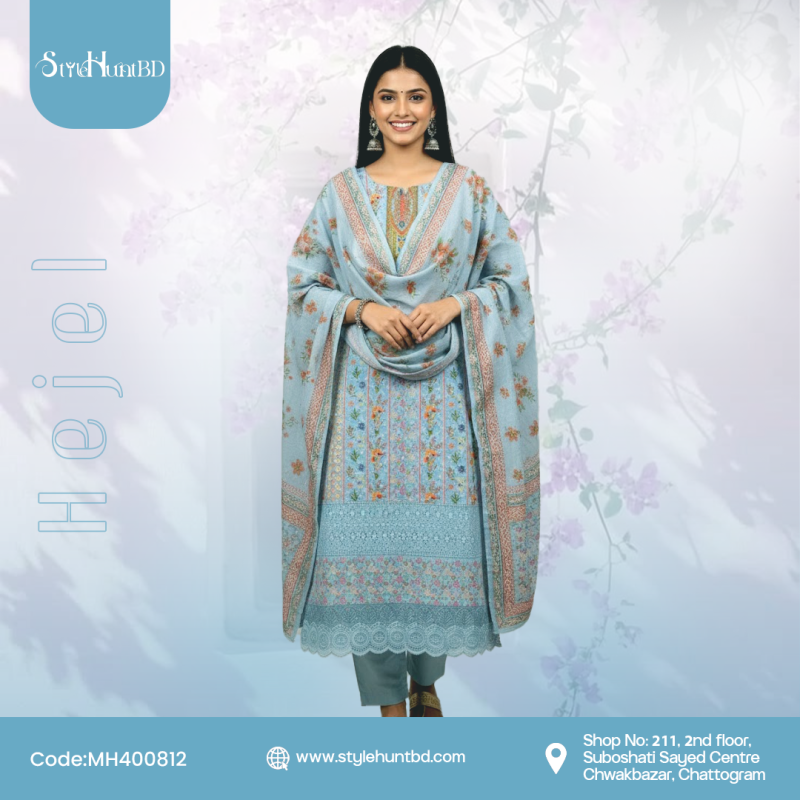 Ice Blue cotton 3 piece dress featuring a simple and modest design