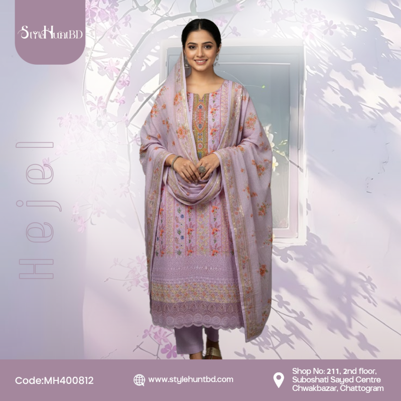 Lavender Beige cotton 3 piece dress with simple and modest design for women