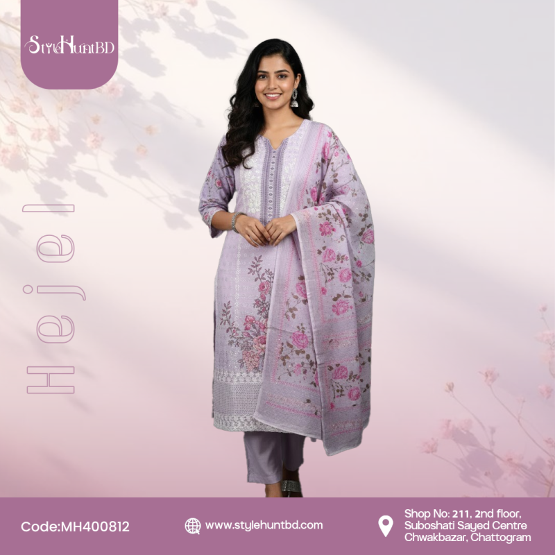 Lilac Lavender cotton 3 piece dress with simple and modest design for women