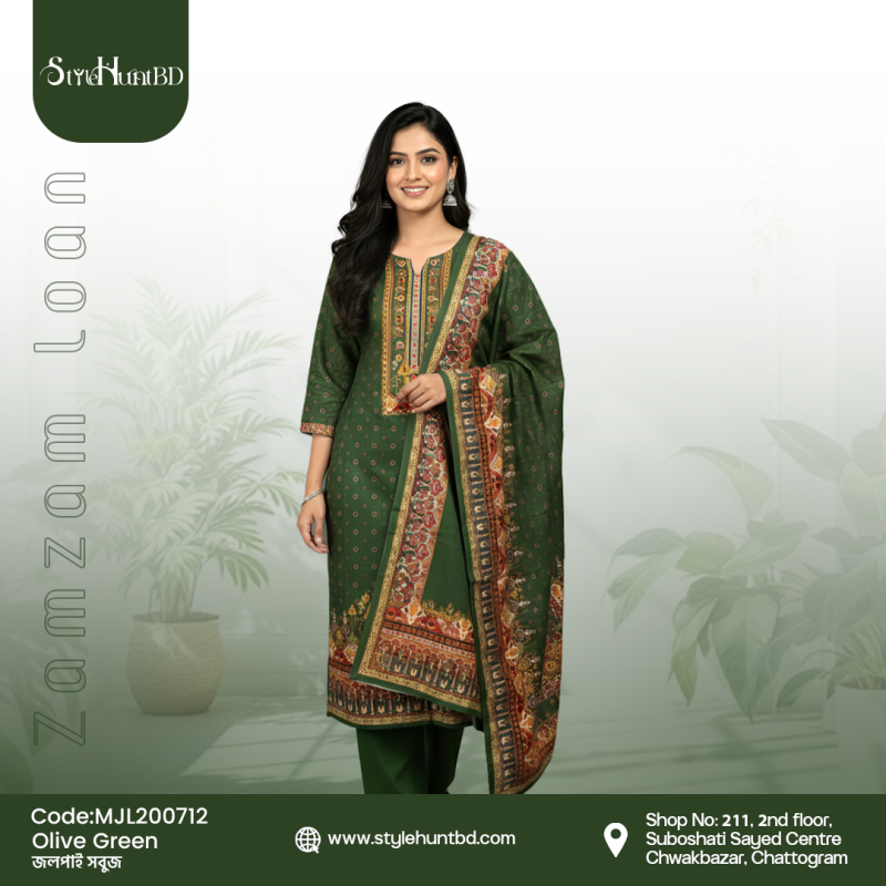 Jam Jam Loan olive green 3 piece cotton dress made from breathable cotton fabric with a simple and modest design.